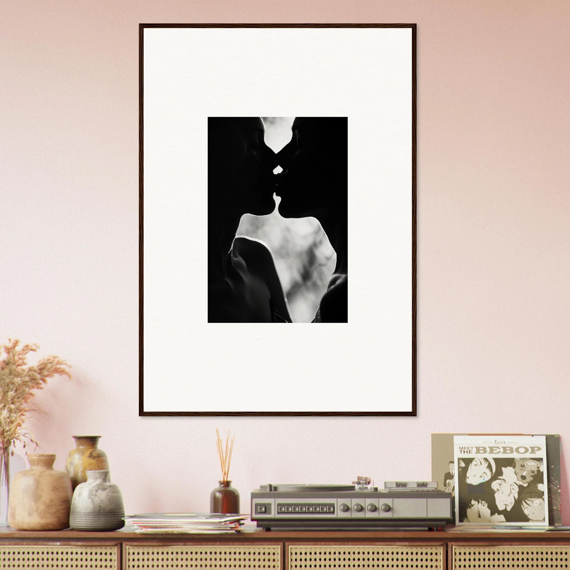 Black and white framed wall art of silhouettes in Shadowy Dawn Nuance special edition art™