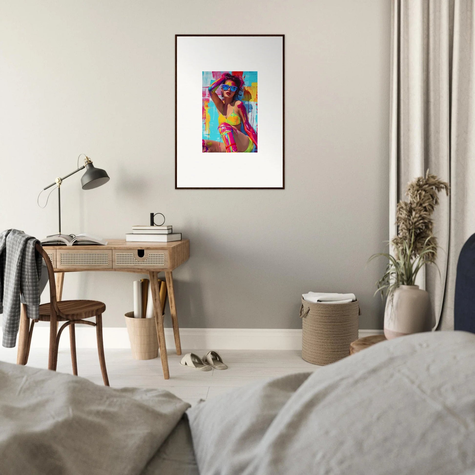 Framed colorful canvas print of a person’s vibrant portrait for room decoration wall art