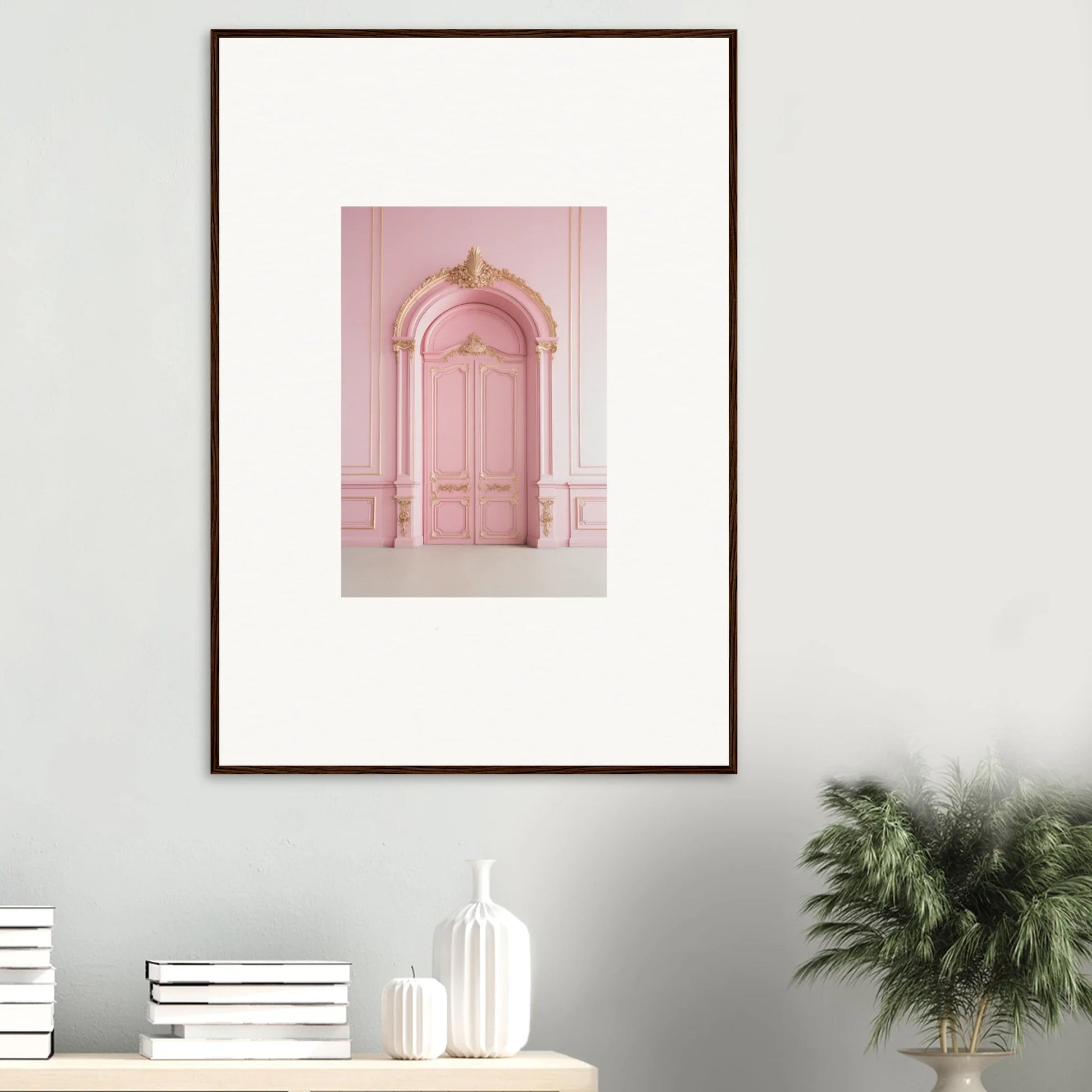 Framed wall art of a pink ornate doorway in the Paris Dreams Frame collection