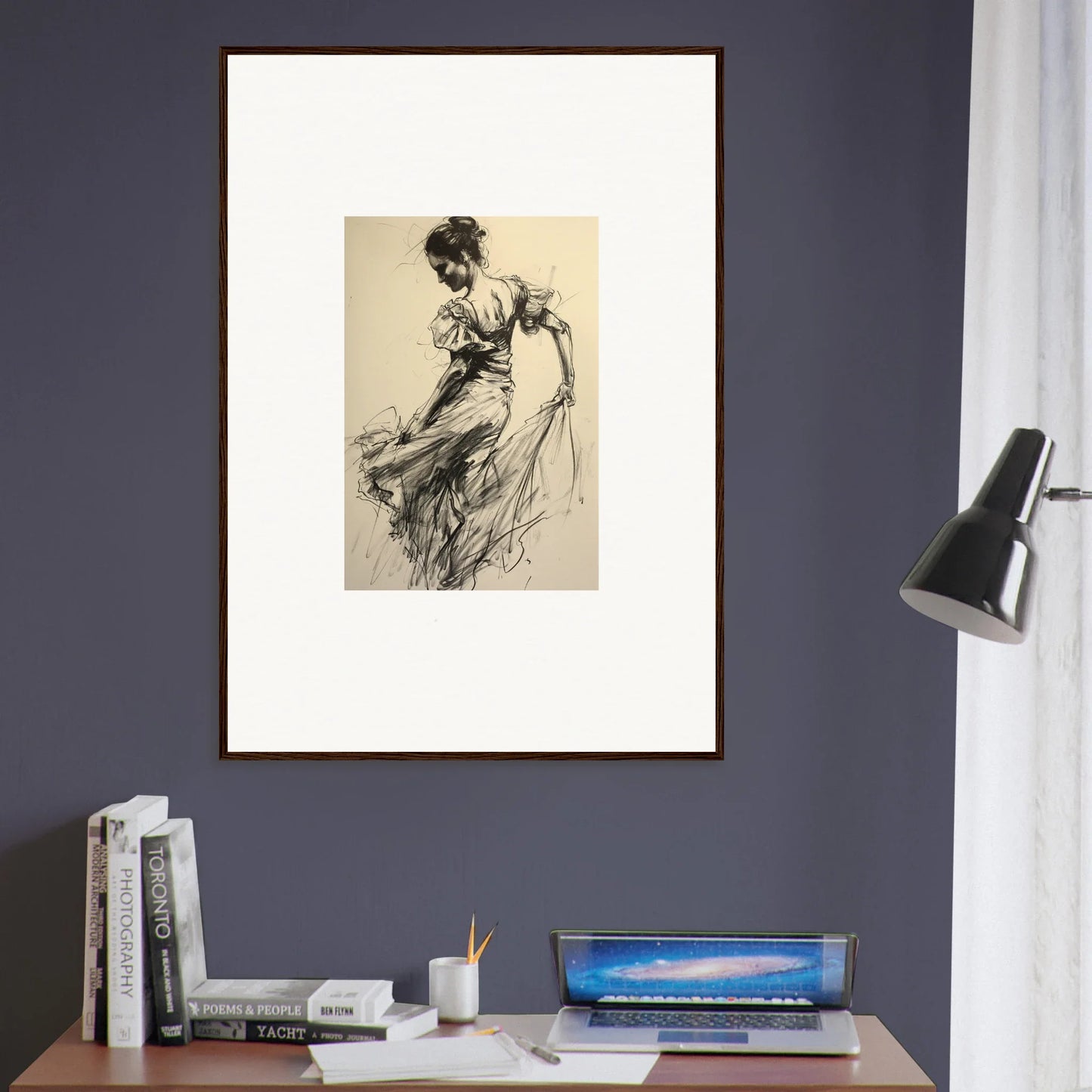 Framed wall art of a dancer in flowing dress for Gyroscopic Baudelo Bacon special edition