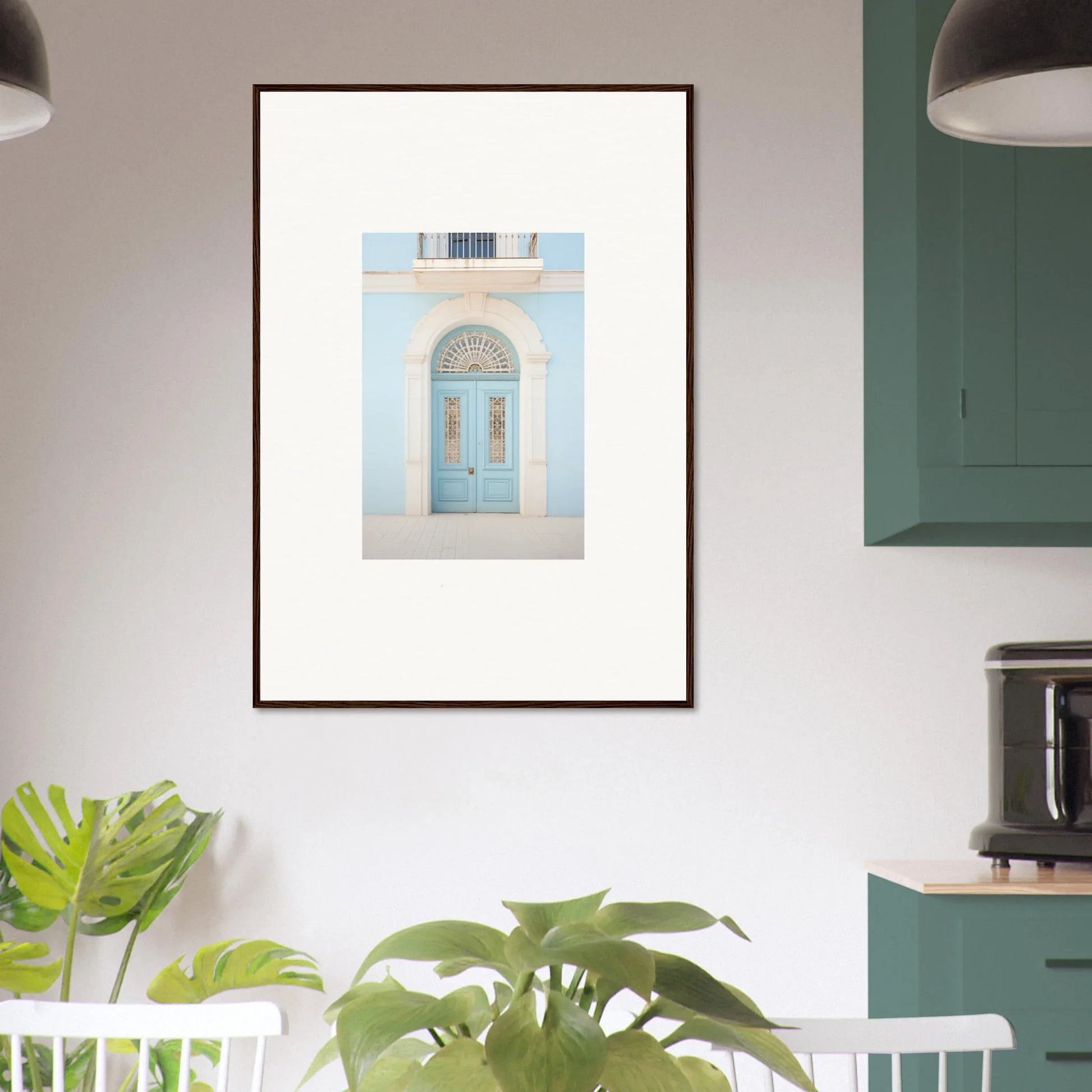 Framed wall art of a light blue arched doorway in Delphinium Dream Portal design