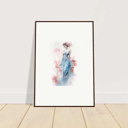 Framed watercolor wall art of a woman in a blue dress for stylish room decoration