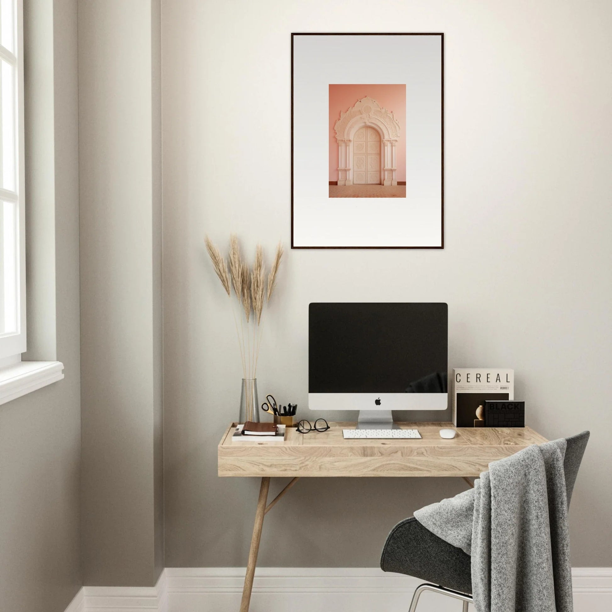 Minimalist wooden desk with iMac display from Patio Reverie Sleutelenv collection