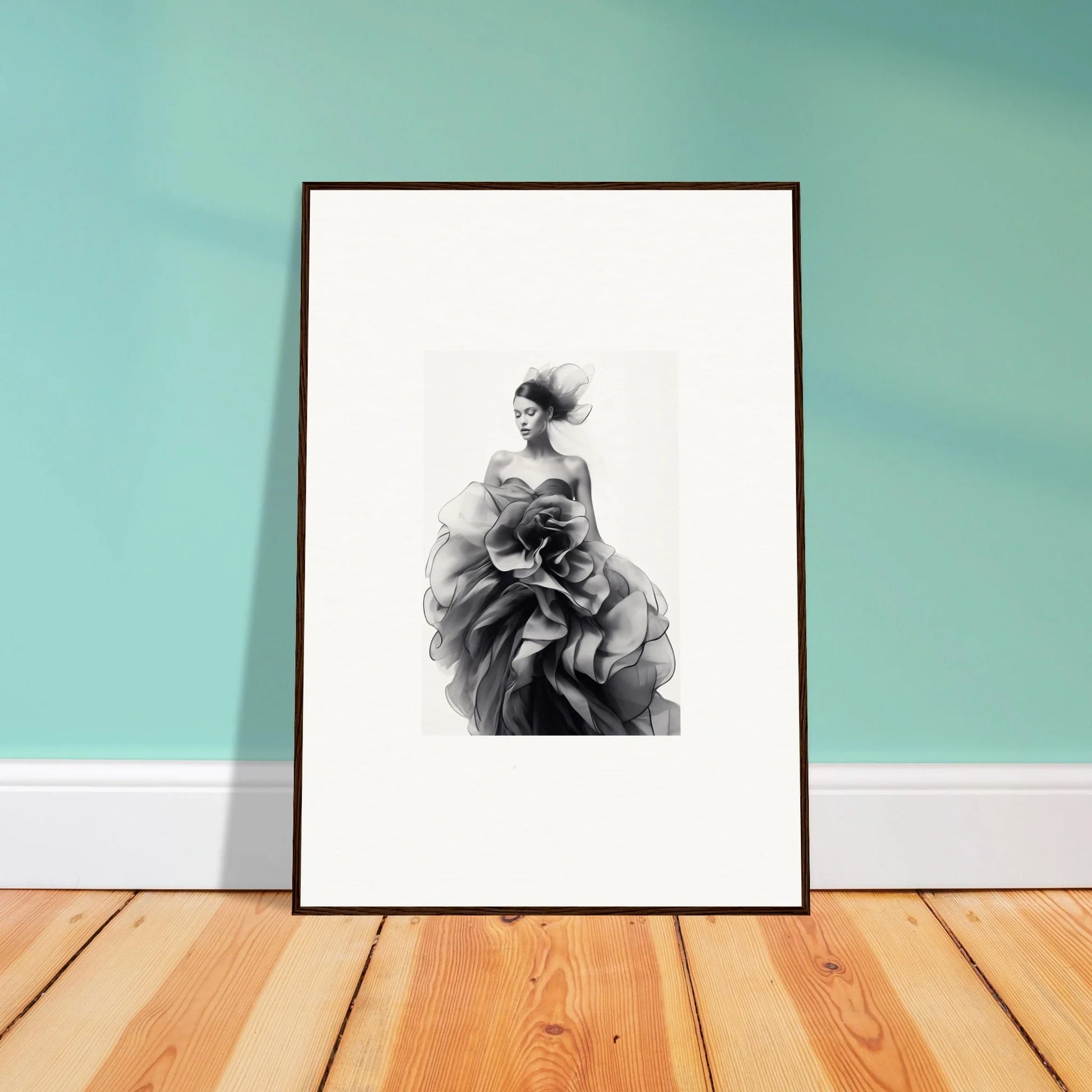 Framed wall art of a figure in a ruffled gown from Ephemeral Orchard Whispers