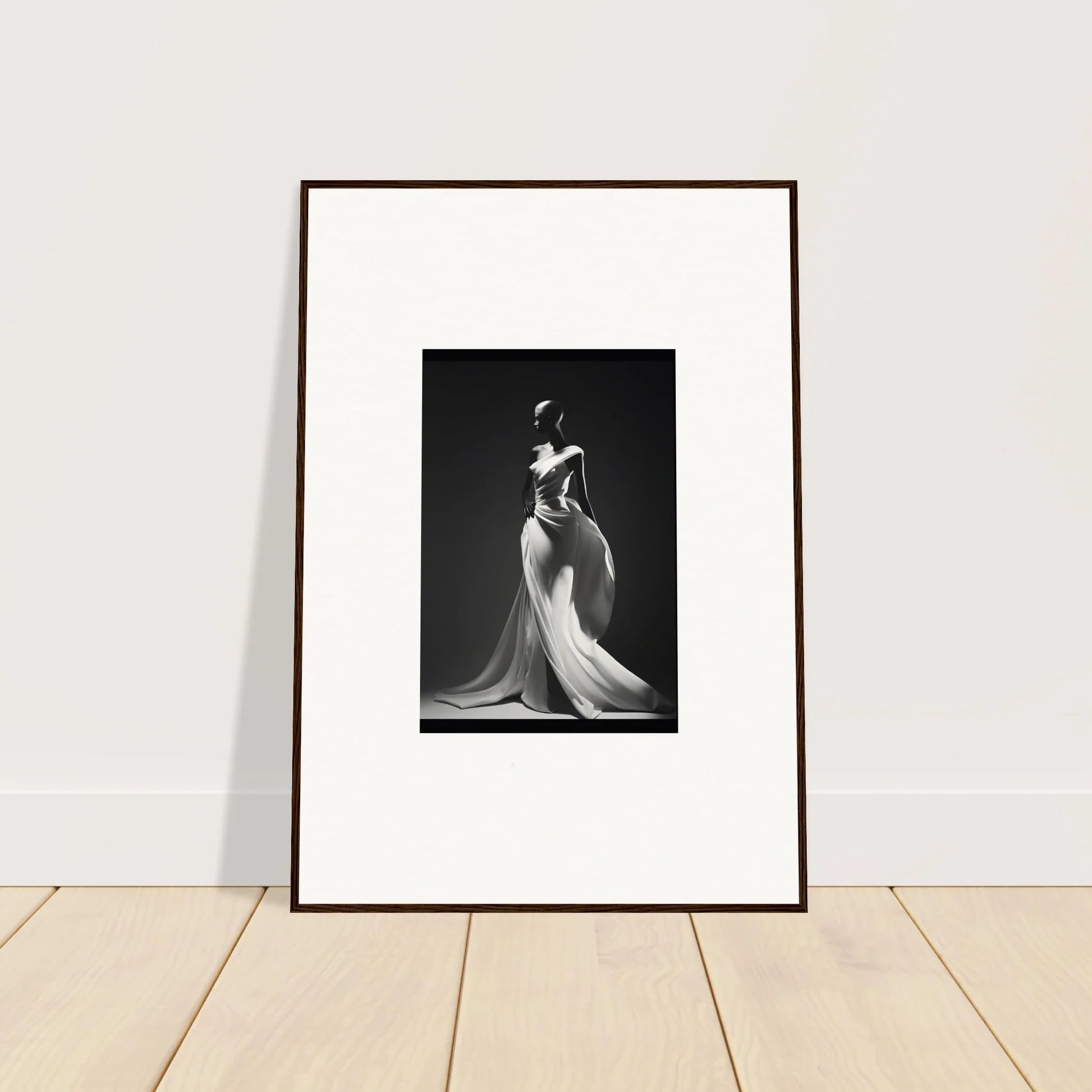 Framed black and white photo of a figure in a flowing gown from Gossamer Ivory Whispers