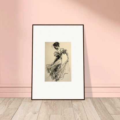 Framed black and white sketch of a figure in flowing dress from Ethereal Pause Beneath