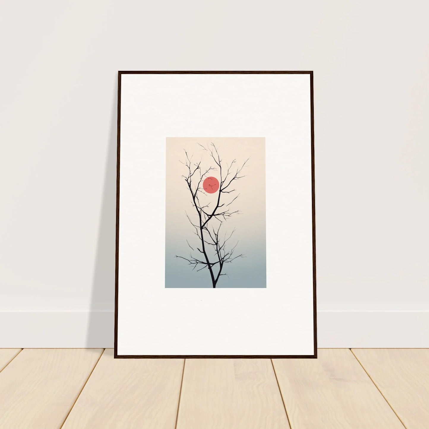 Framed wall art of a bare tree branch at sunset for a serene eclipse room decoration