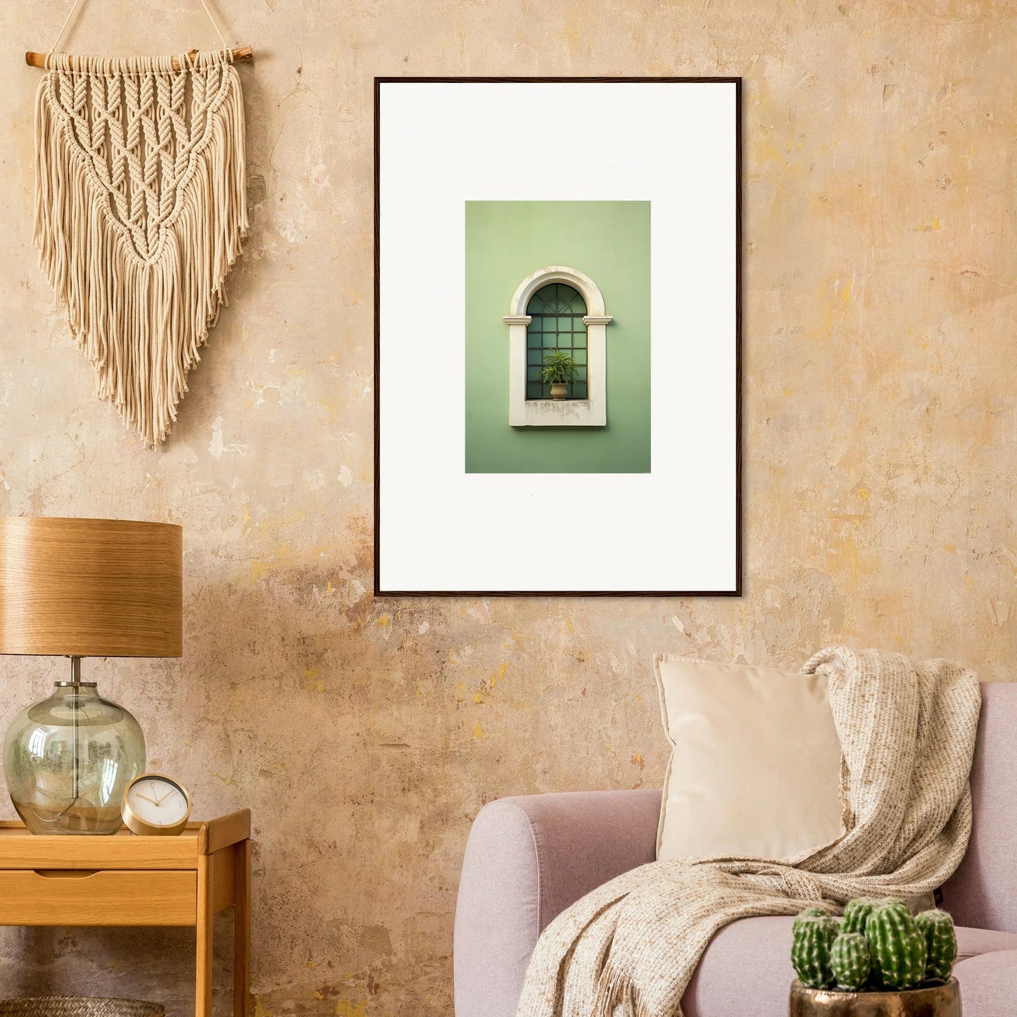 Framed wall art of an arched window with mint green walls in Eggshell PandæmonIA Bliss