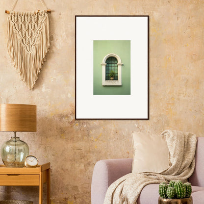 Framed wall art of an arched window with mint green walls in Eggshell PandæmonIA Bliss