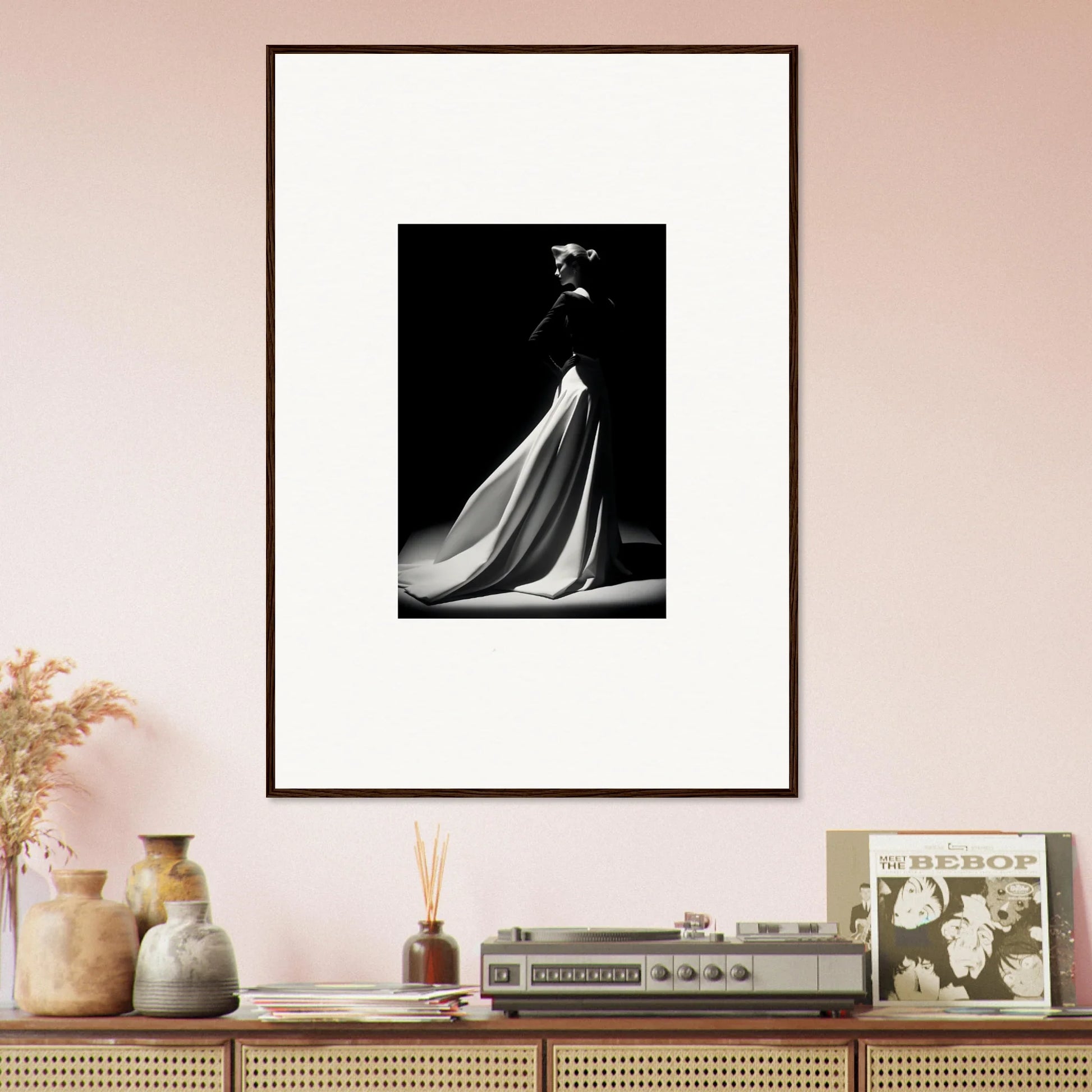 Framed wall art of an elegant evening gown in the Veiled Monochrome Journey collection