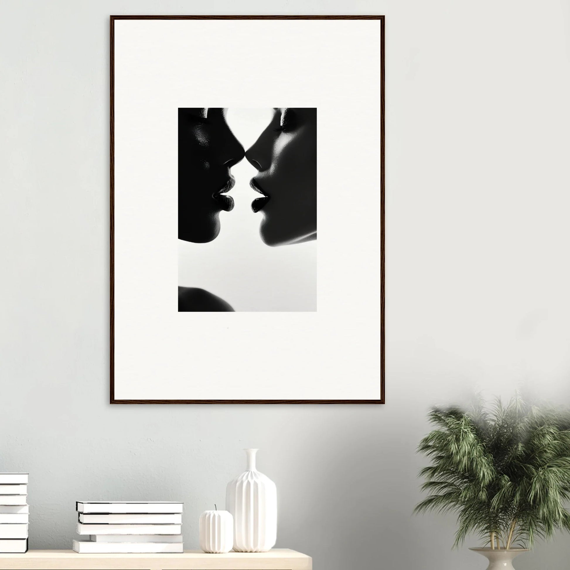 Silhouette of two profiles about to kiss in Ephemeral Echoes Touch framed poster