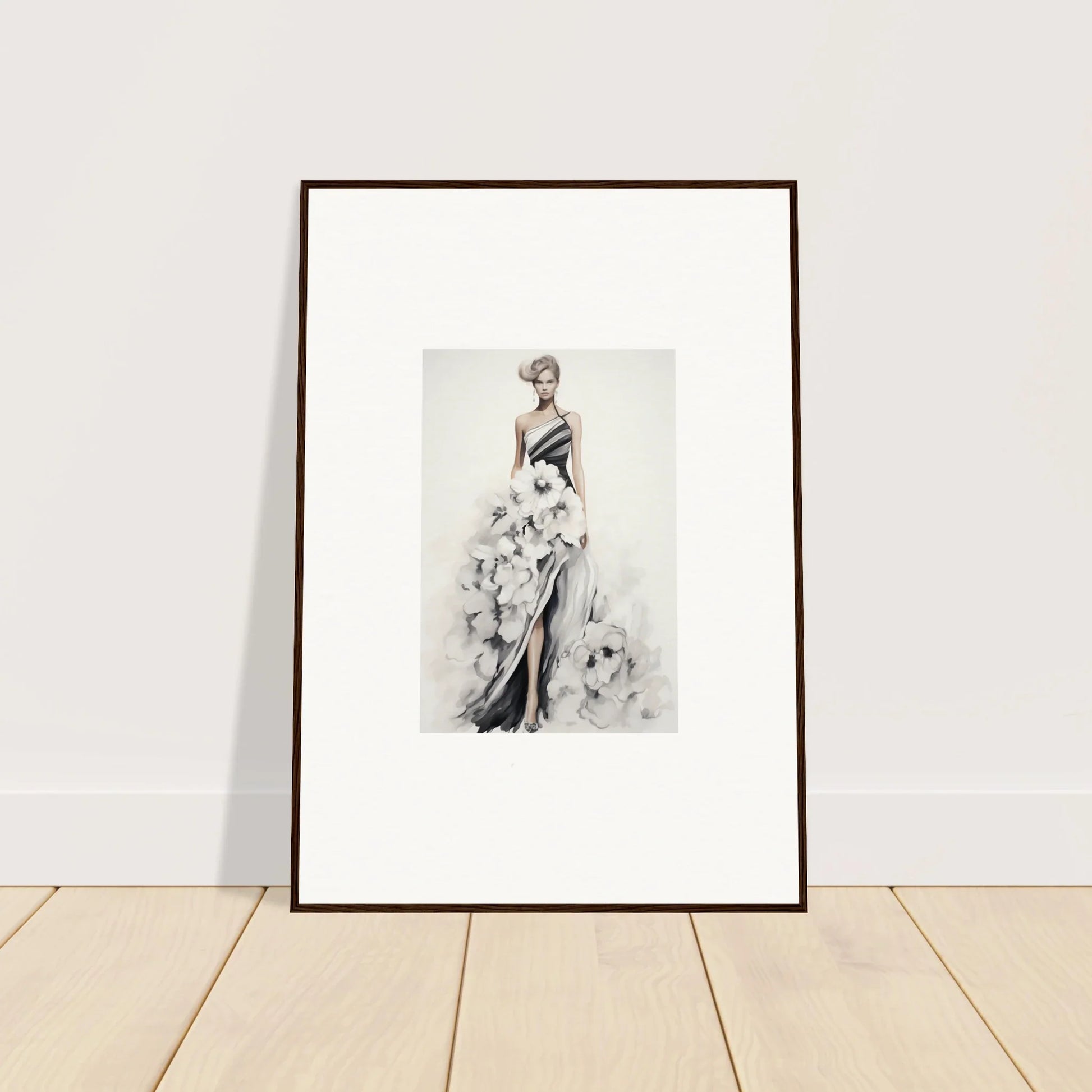 Framed wall art of Dreamy Blossom Mirage featuring elegant black and white gown illustration