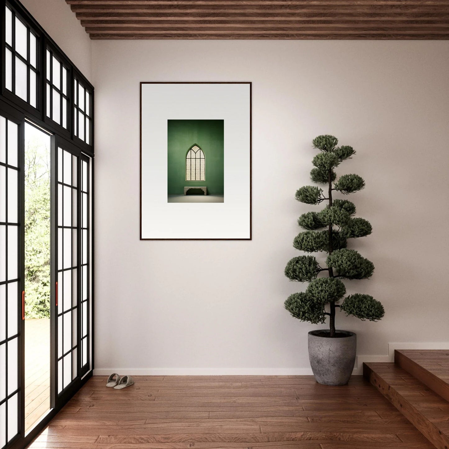 Framed church window photo and bench in Evermind Greenthaum art for any space