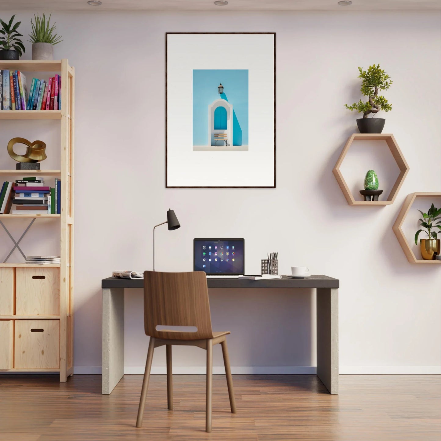 Modern home office with dark desk and wooden chair, featuring Ethereal Mediterranean Pause art