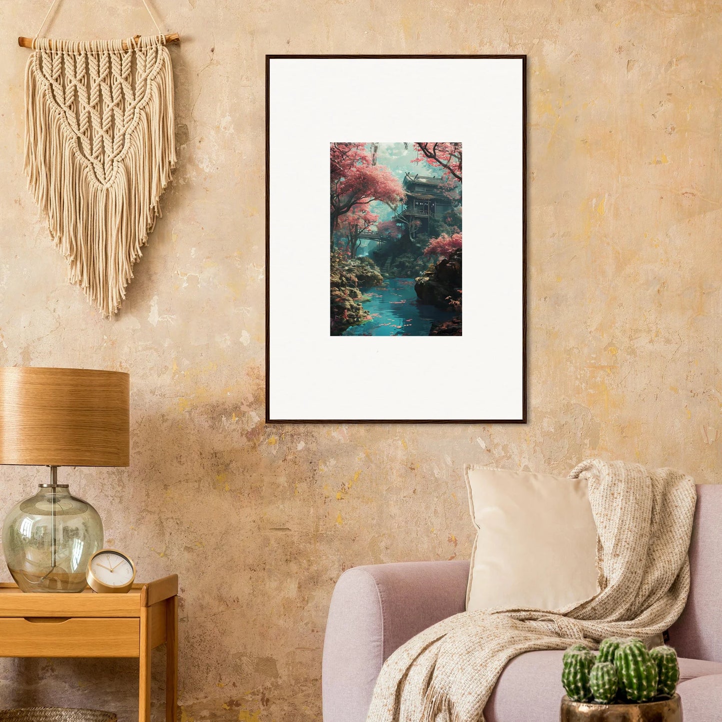 Framed wall art of a misty pagoda with cherry blossoms from Magenta Spirals Oscillate