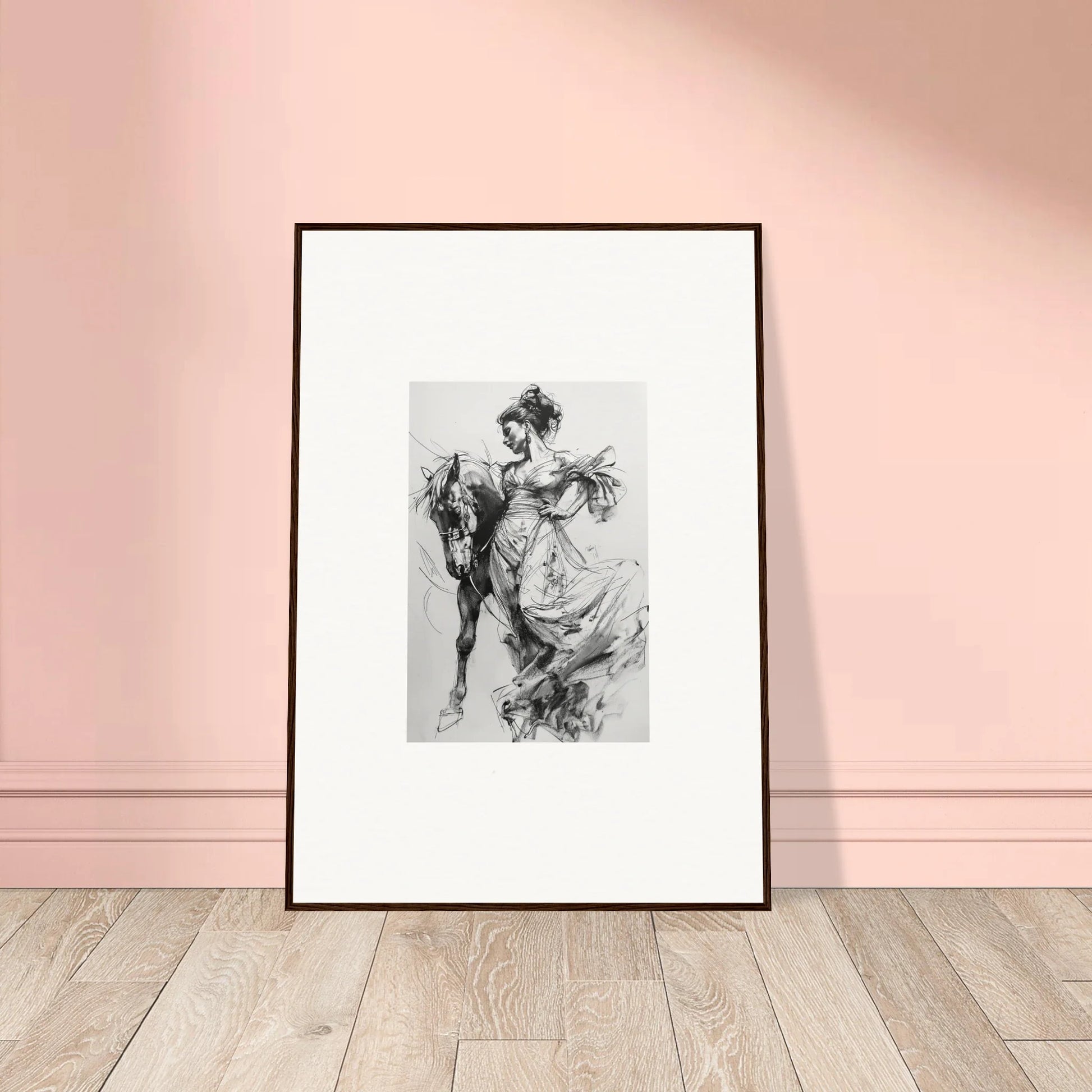 Framed wall art of Thoughts Unbridled Dance leaning against a wall in black and white