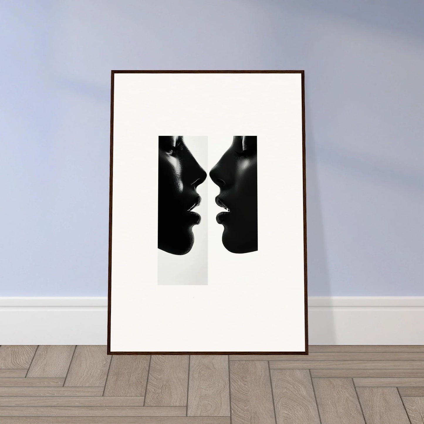 Black and white silhouette of two profiles from Liminal Echoes framed poster