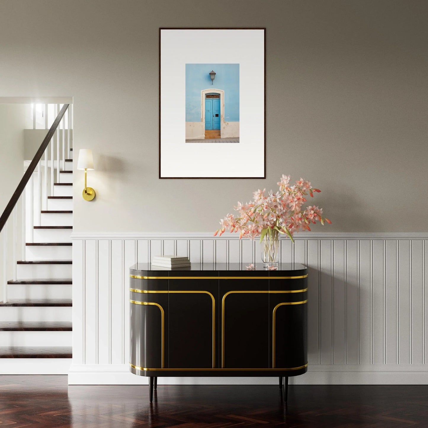 Art Deco black cabinet with gold trim, part of the Surreal Azure Vesaurrezz collection