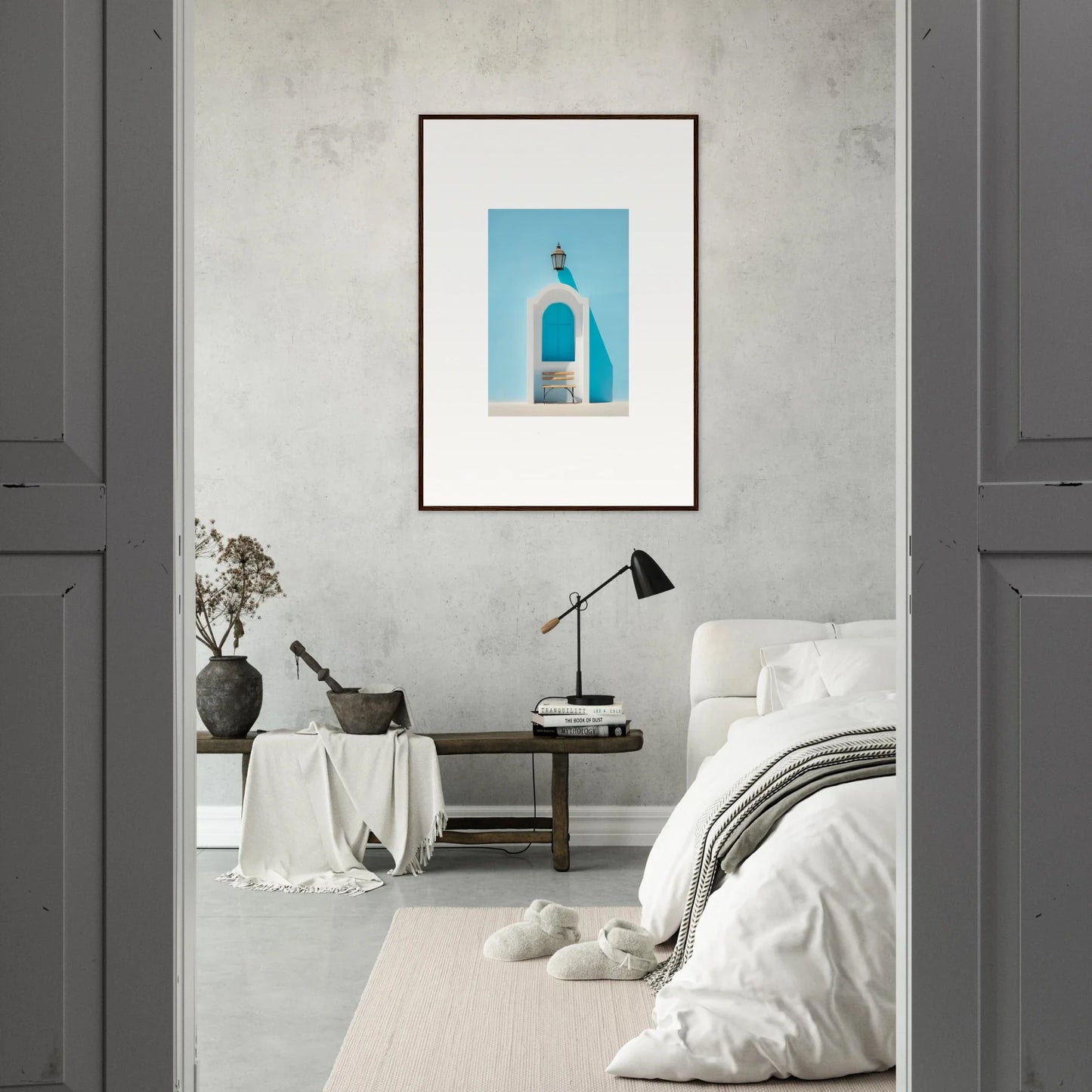 Framed wall art of a blue and white bell tower in Ethereal Mediterranean Pause