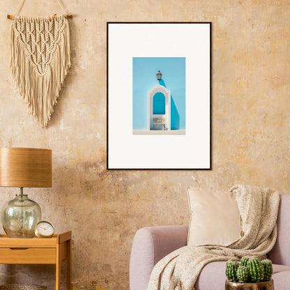 Framed wall art of a white and blue Greek church bell tower in Ethereal Mediterranean Pause