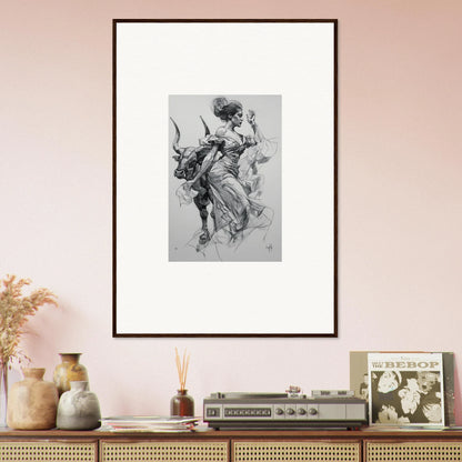 Framed black and white sketch of a person on a bull for Sirens Veil Matador art