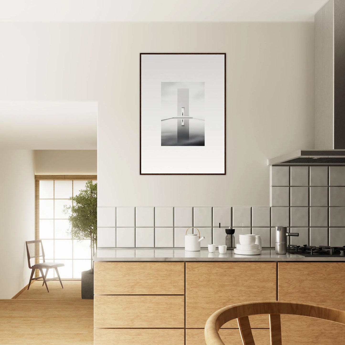 Modern kitchen with light wood cabinets and white tiles in Dreamer’s Vanishing Silhouette