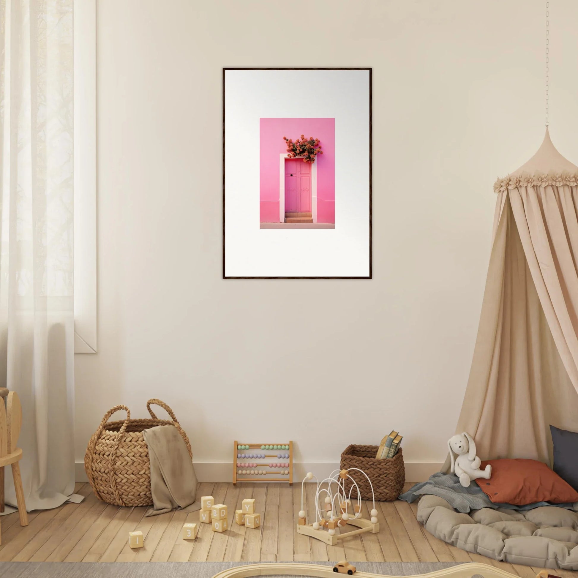 Framed wall art of a pink door with floral decor for Quantum Pink Serenade