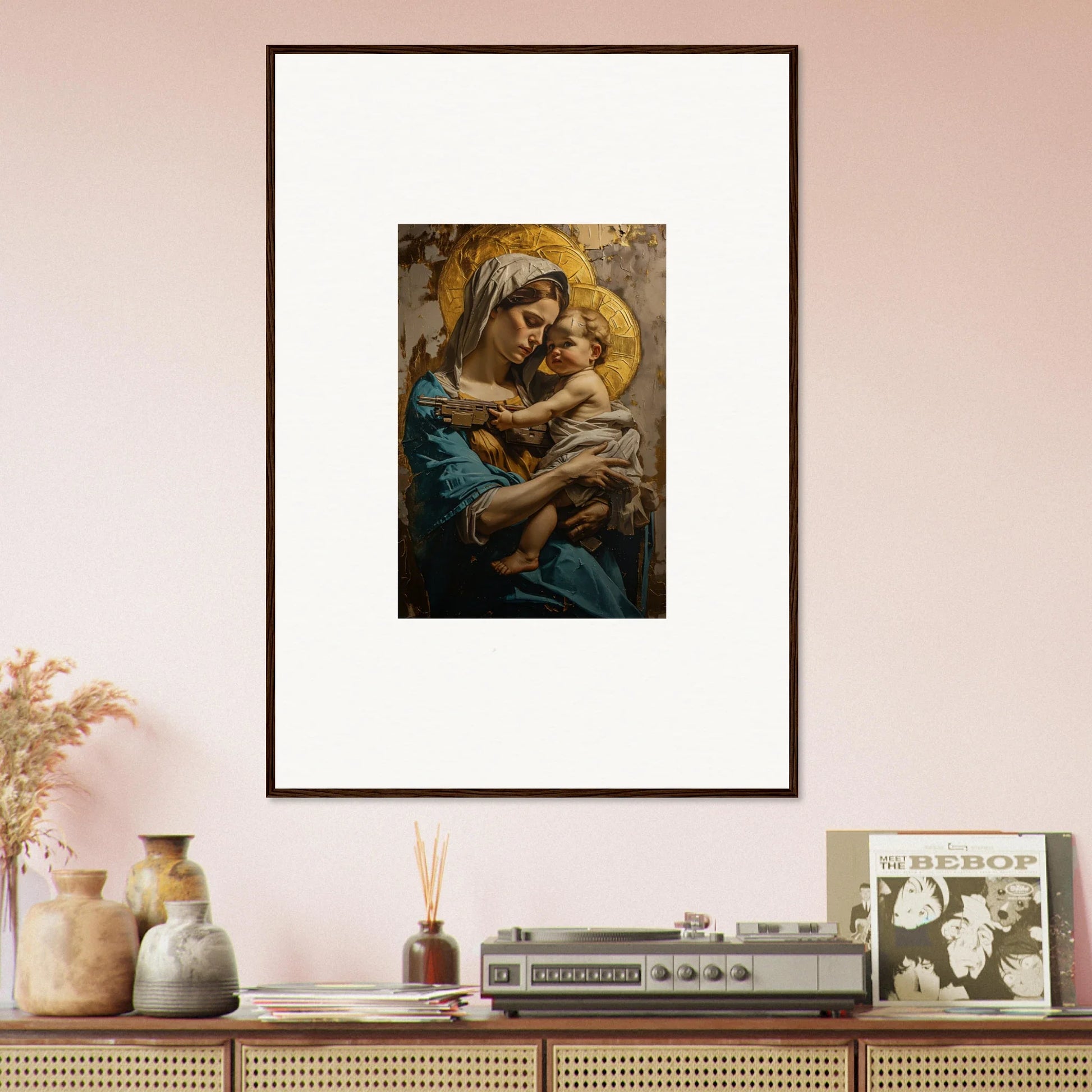 Framed canvas print of a woman holding a child, perfect for room decoration wall art