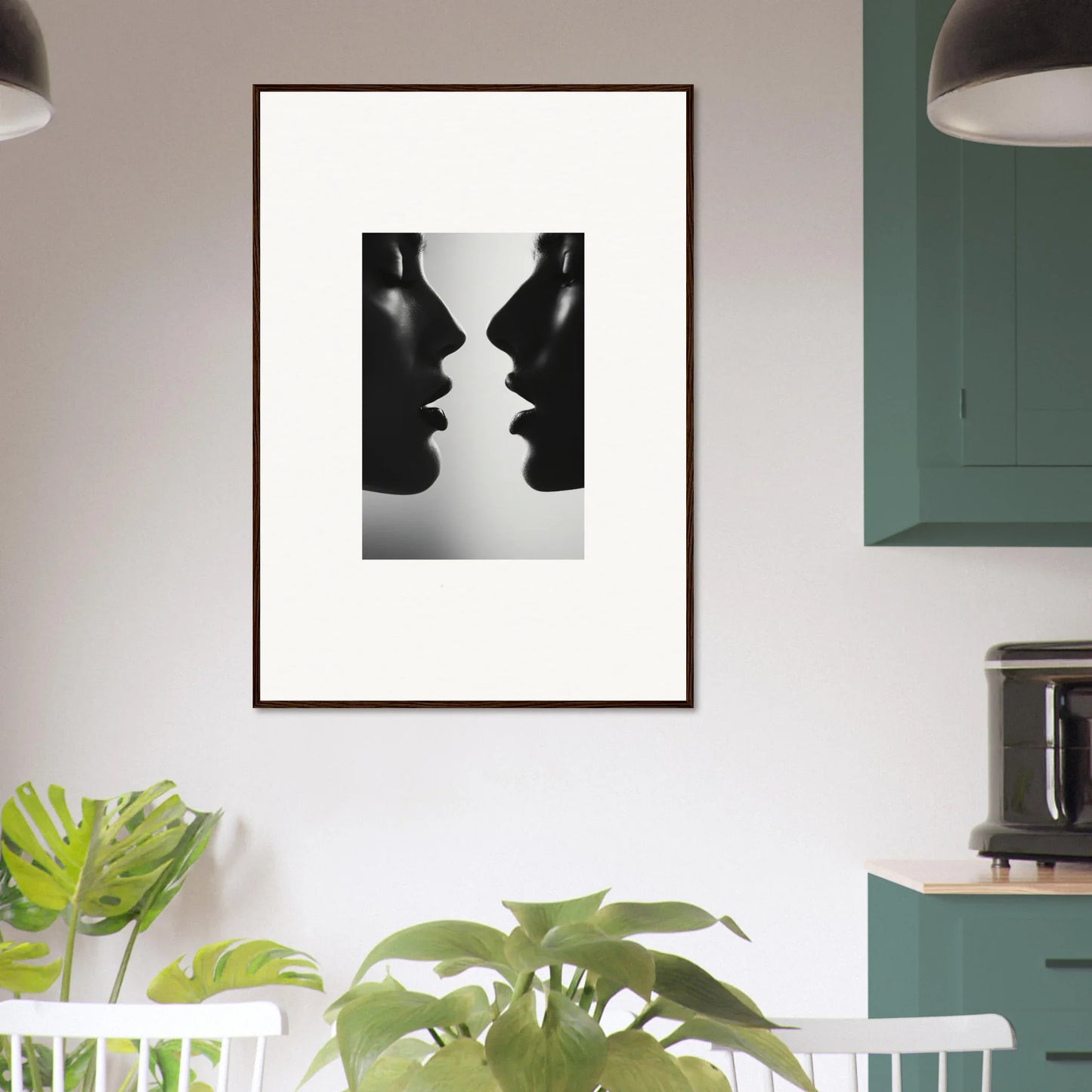 Black and white framed art print of silhouetted profiles, Symbiotic Echoes Flutter design