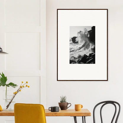 Framed black and white photo of crashing waves, part of Incandescent Wave Tribute