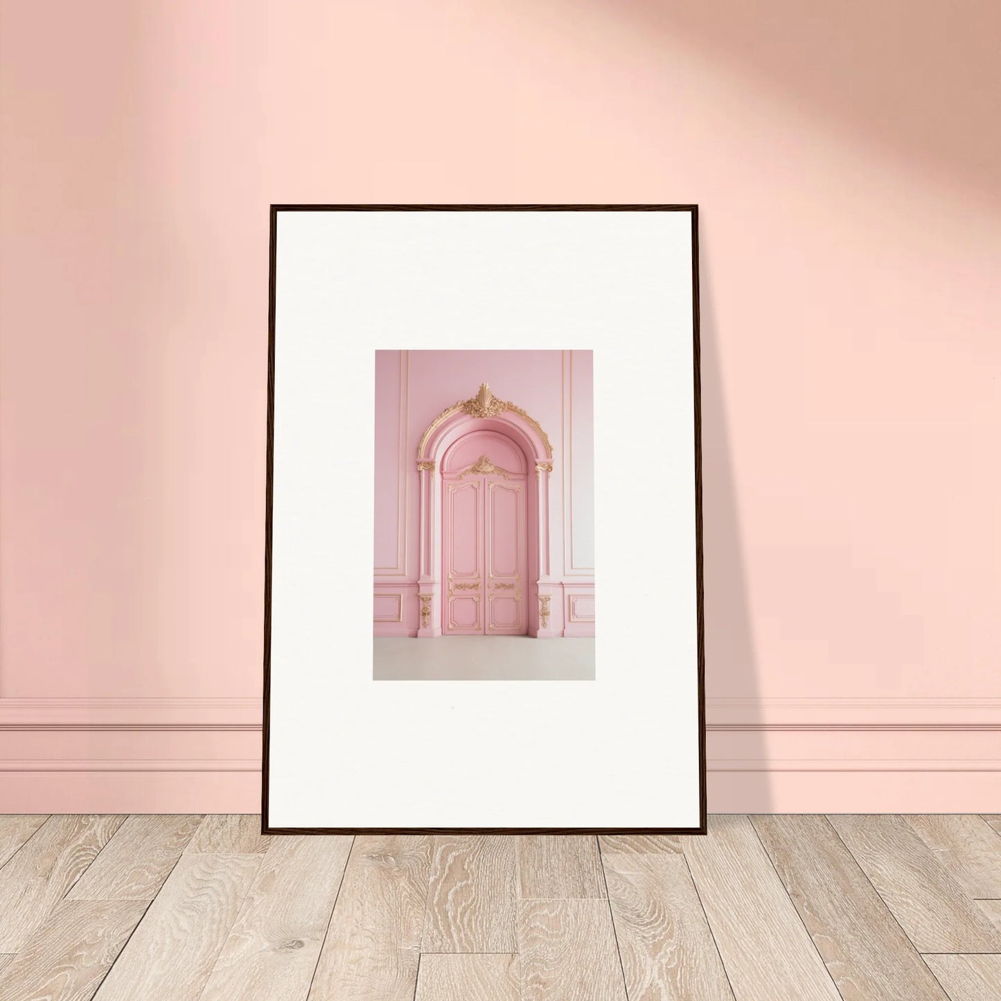 Framed wall art of a pink ornate door in the Paris Dreams Frame special edition art™