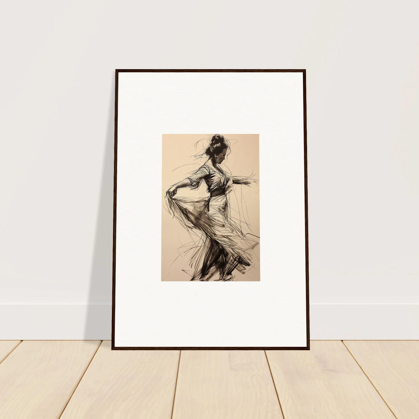 Framed charcoal sketch of a dancer in motion from the Ephemeral Whirling Arcade