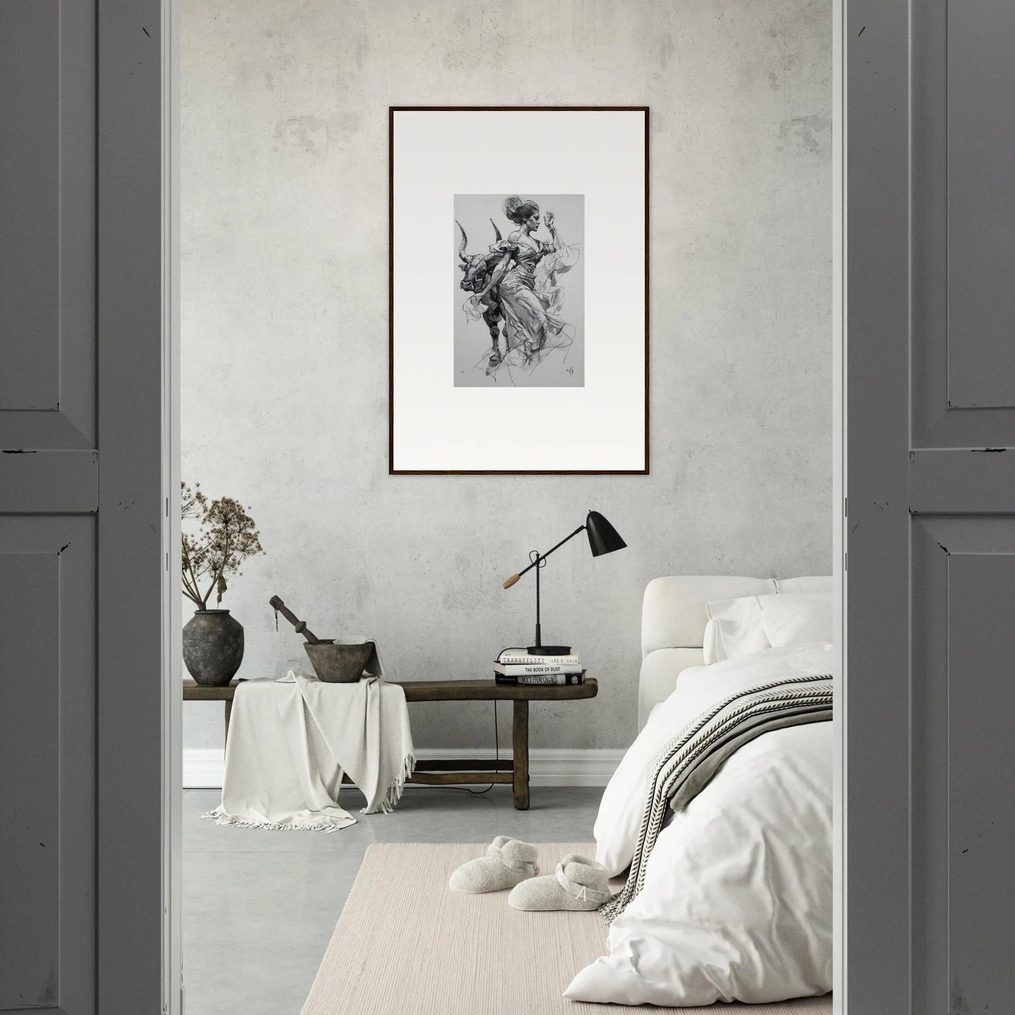 Monochromatic bedroom featuring Sirens’ Veil Matador framed wall art and minimalist decor