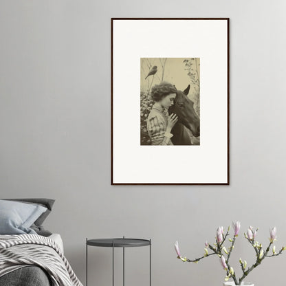 Framed vintage photograph of a person with a horse for unique room decoration