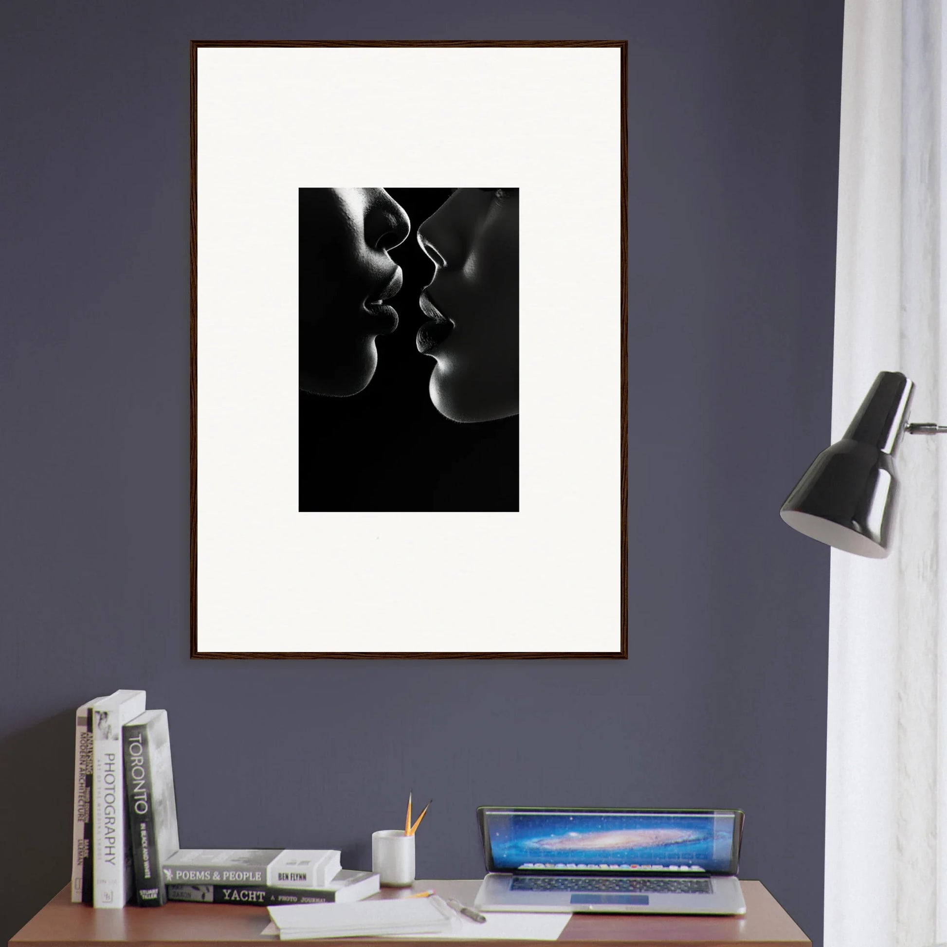 Framed wall art of two silhouetted profiles in Midnight Kiss Darkness theme