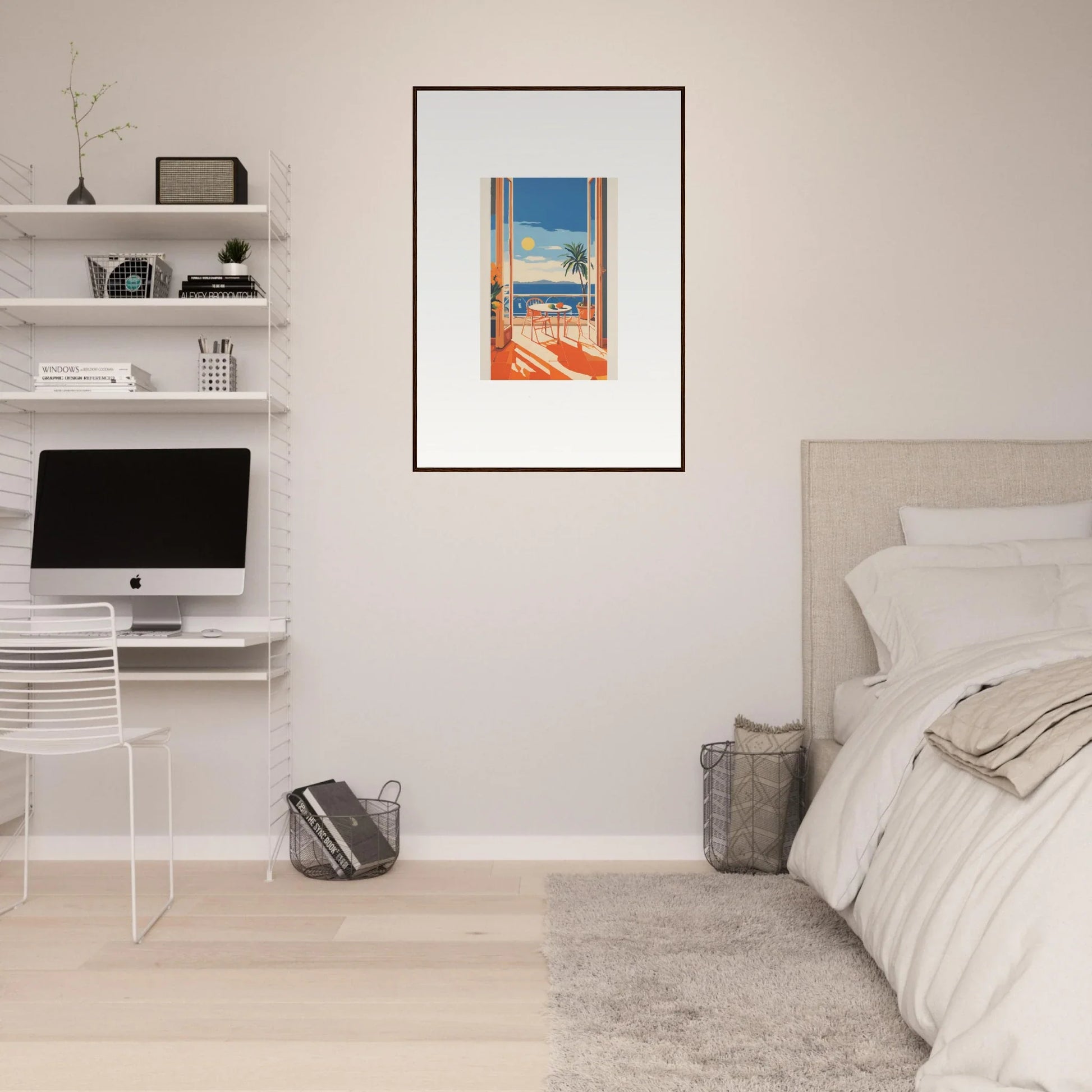 Framed artwork of tranquil mirage brunch with blue sky and orange architecture elements