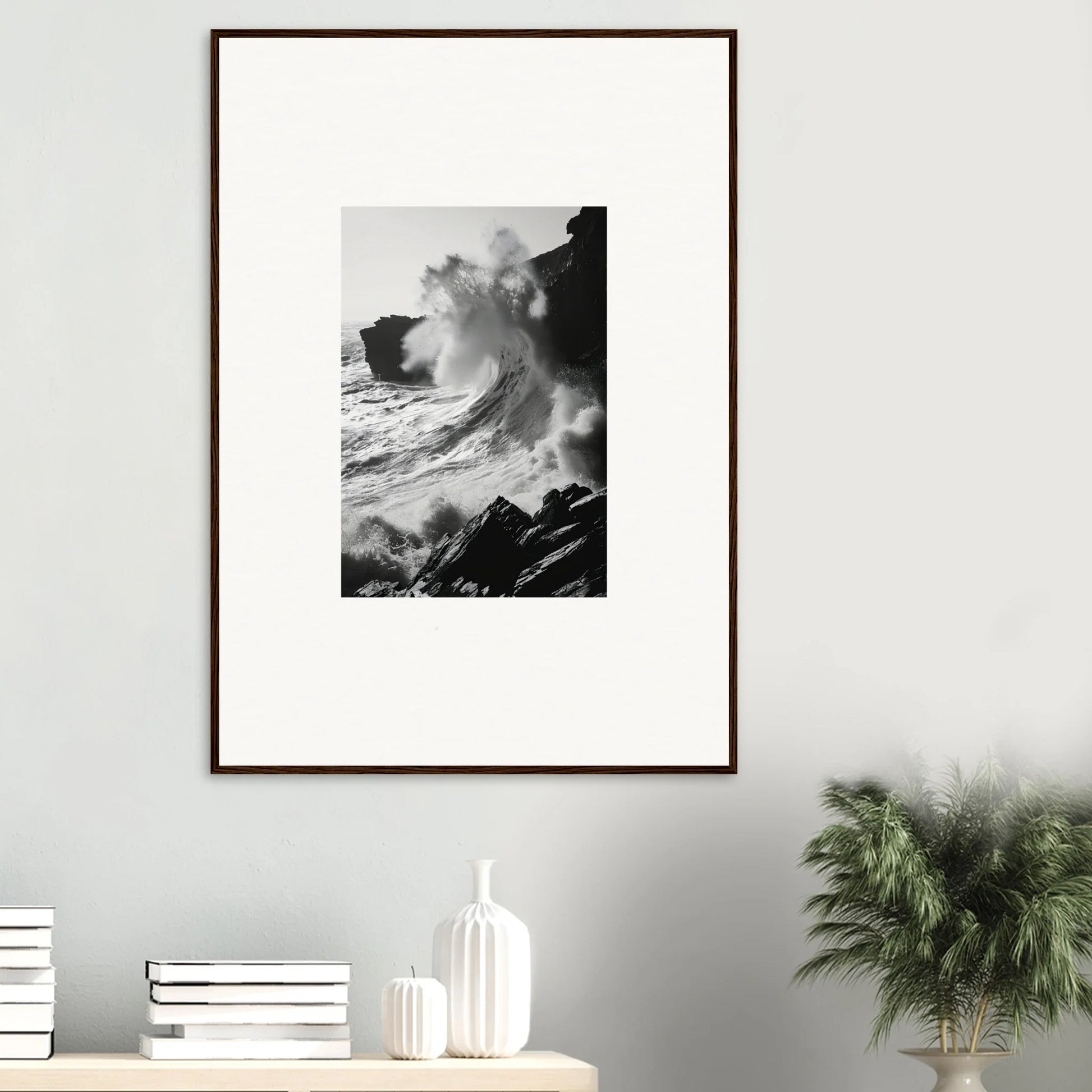 Framed black and white photo of ocean waves for Incandescent Wave Tribute art