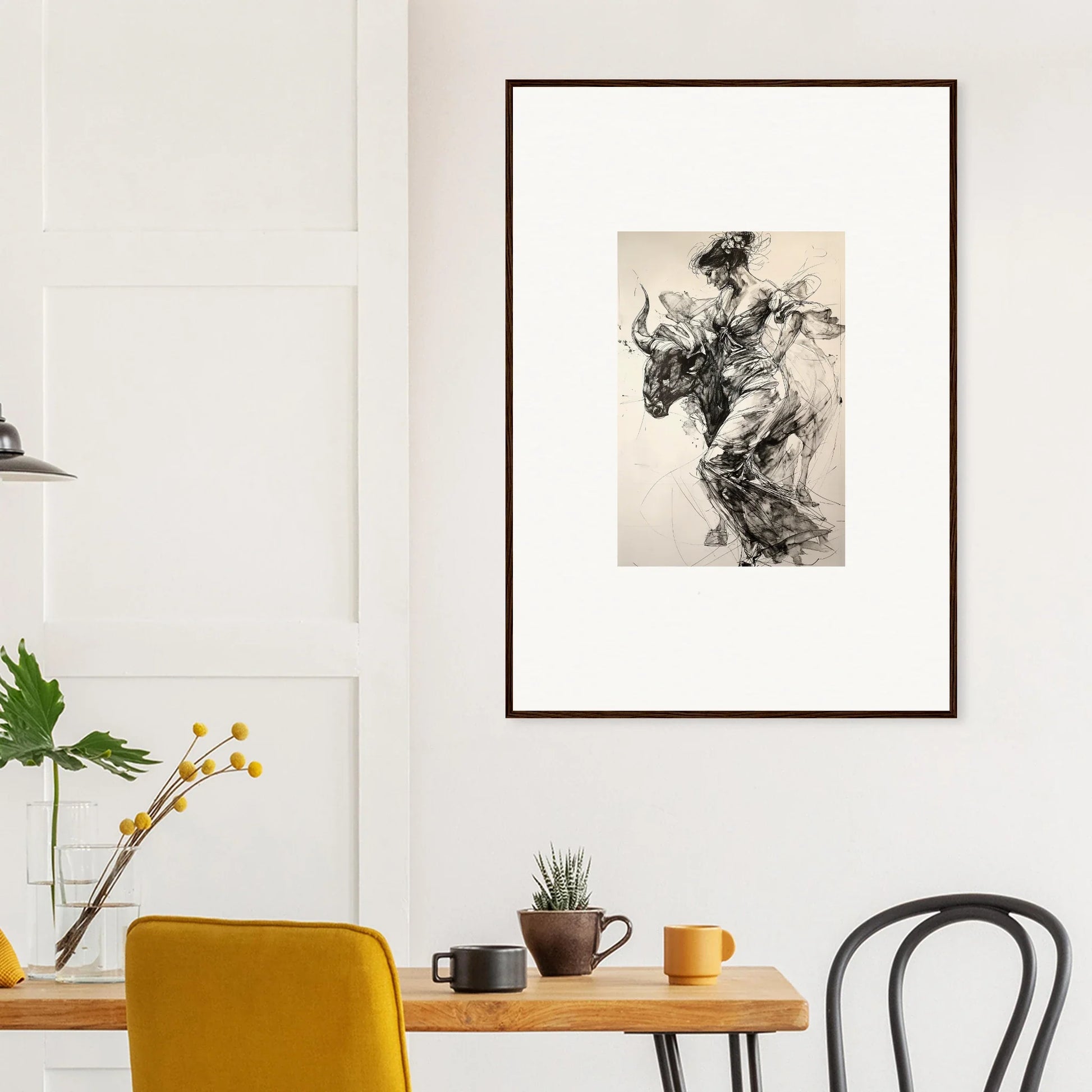 Framed black and white abstract art, Labyrinthine Spanish Mirage on a white wall