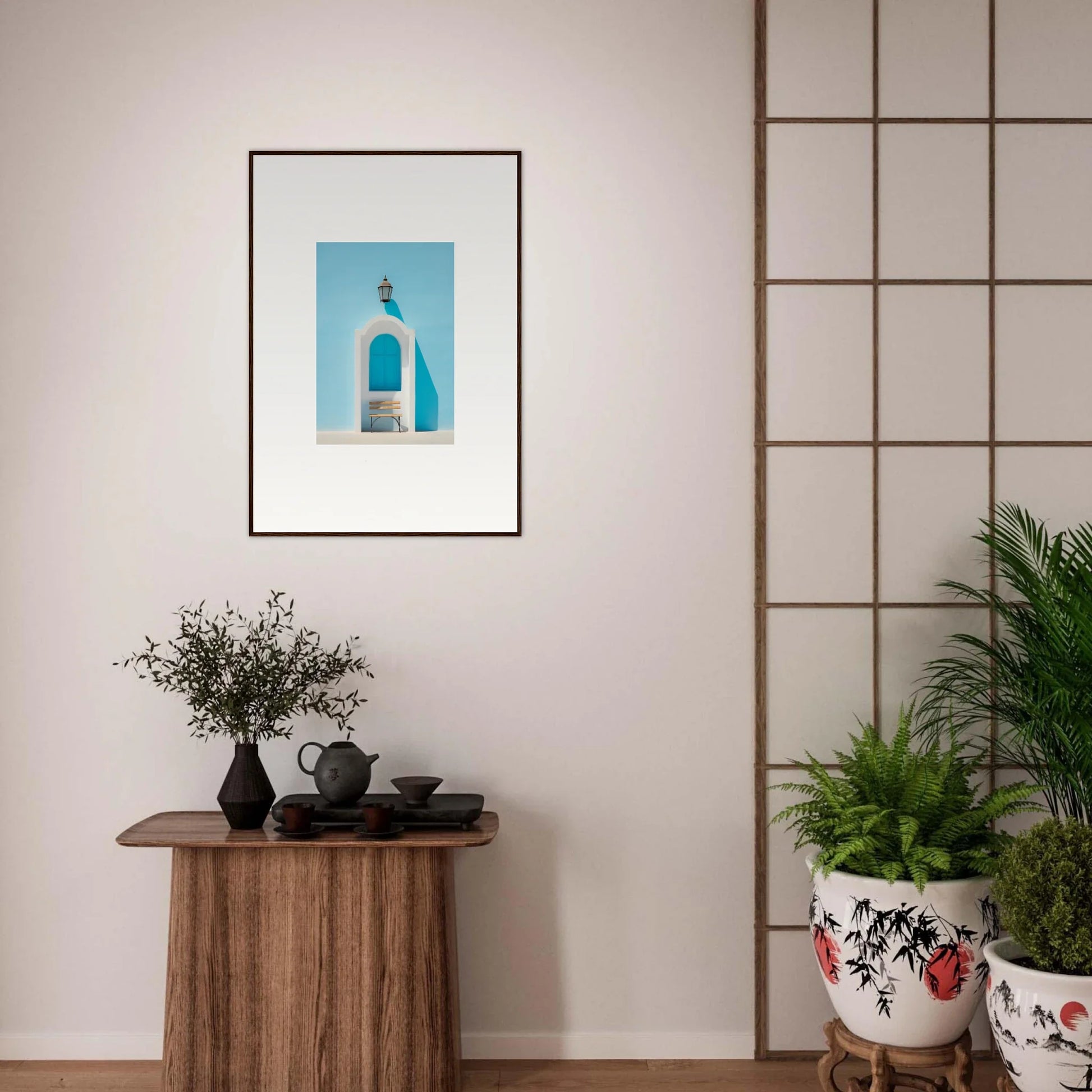 Framed wall art of a white bell tower in an Ethereal Mediterranean Pause setting