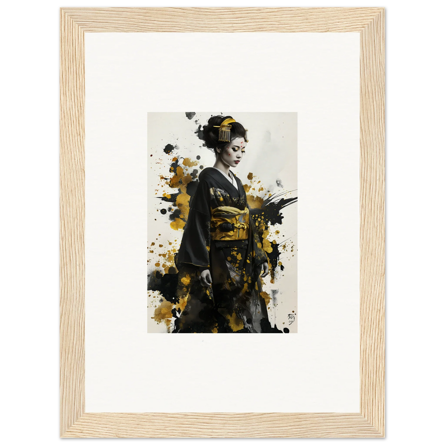 Artistic portrait of a geisha in kimono, splashed with black and gold for Send of Echoes