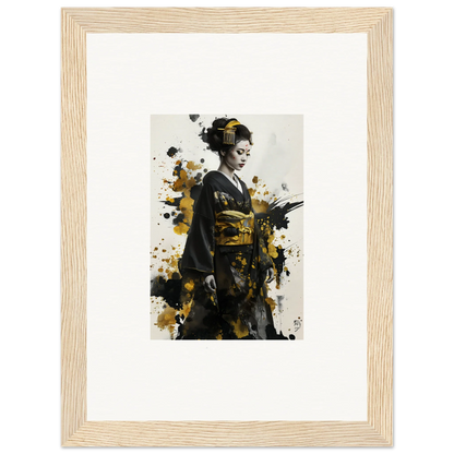 Artistic portrait of a geisha in kimono, splashed with black and gold for Send of Echoes