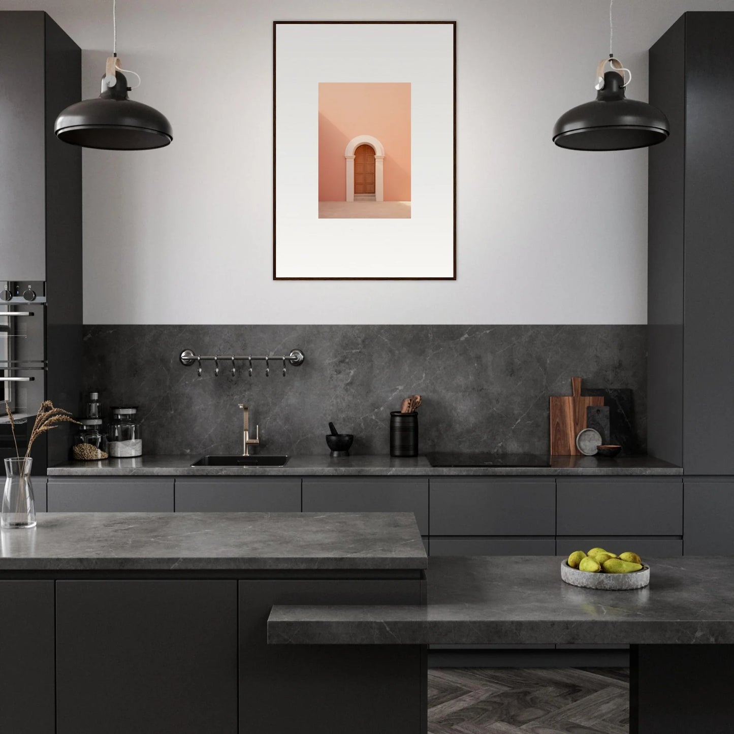 Modern dark grey kitchen featuring industrial lights and Silent Coral Dreams artwork