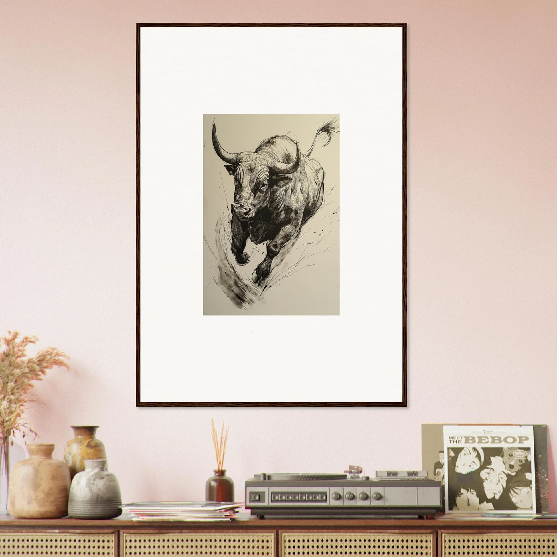 Framed black and white sketch of a charging bull from Ebullient Storm Release special edition art™