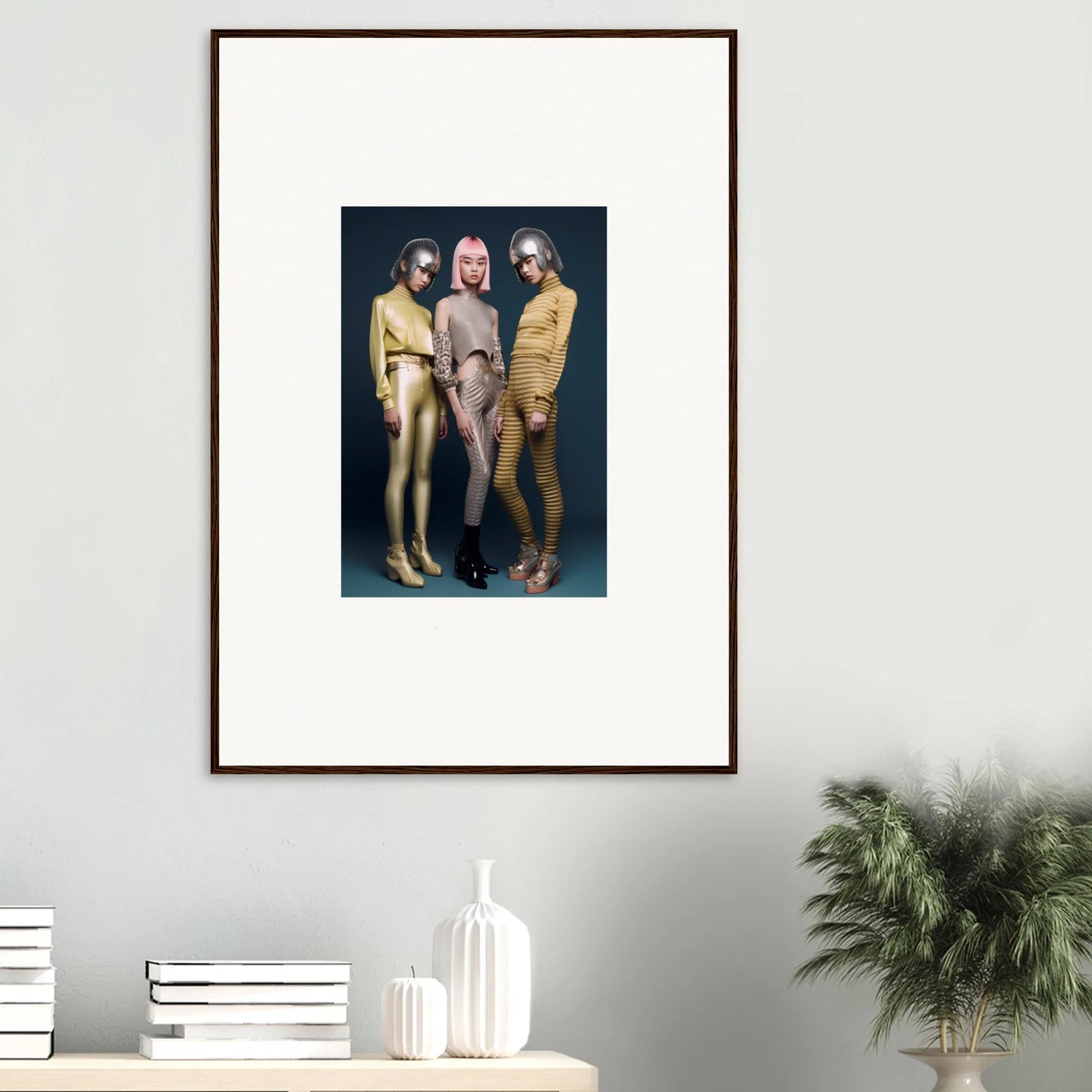 Framed wall art of figures in colorful bodysuits from Galactic Fashion Paradigm