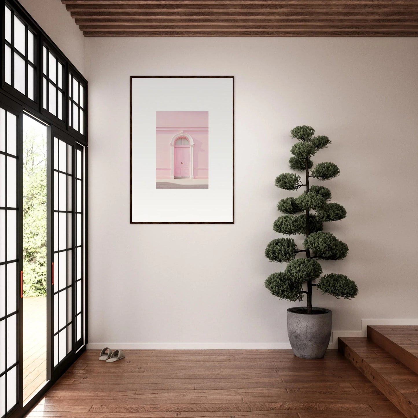 Framed pink architectural photo on a white wall for Pearly Baccarat Dream art