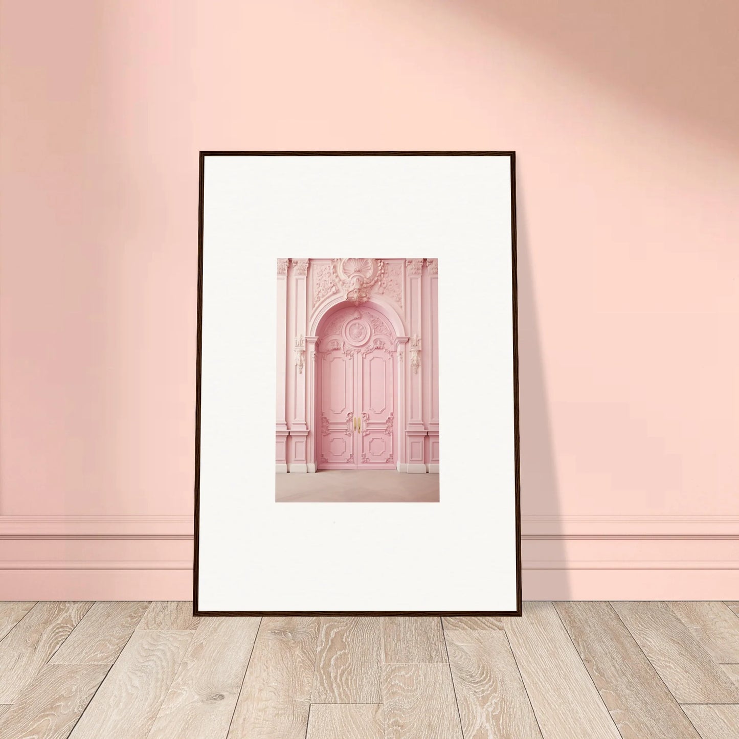 Framed art print of an ornate pink door from the Blush Merciful Renaissance collection