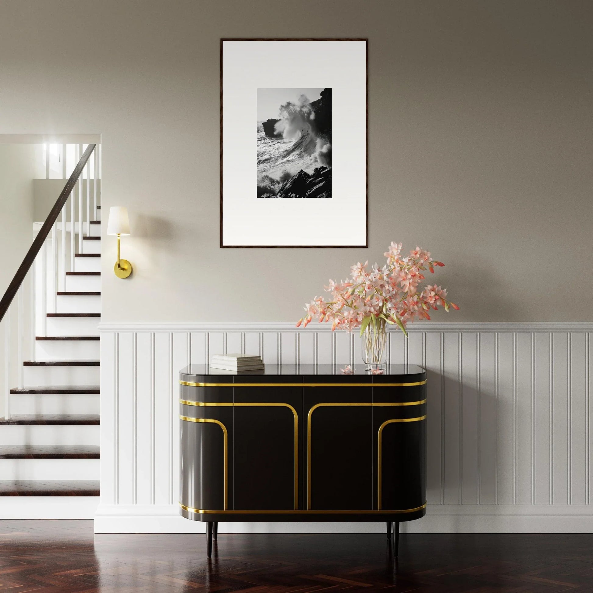 Black and gold Art Deco credenza with brass trim from the Incandescent Wave Tribute collection