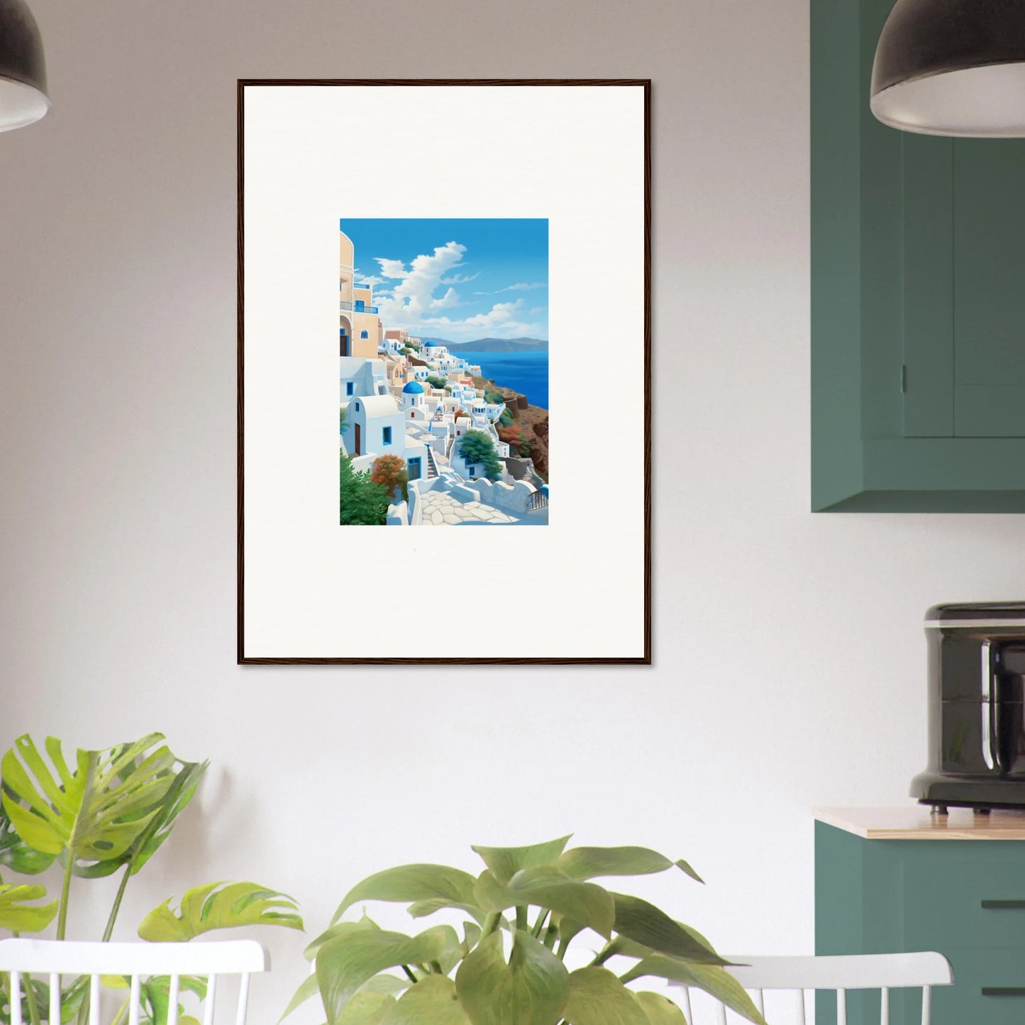 Framed art of Santorini’s white buildings and blue domes from Sunday Stahl Messiração