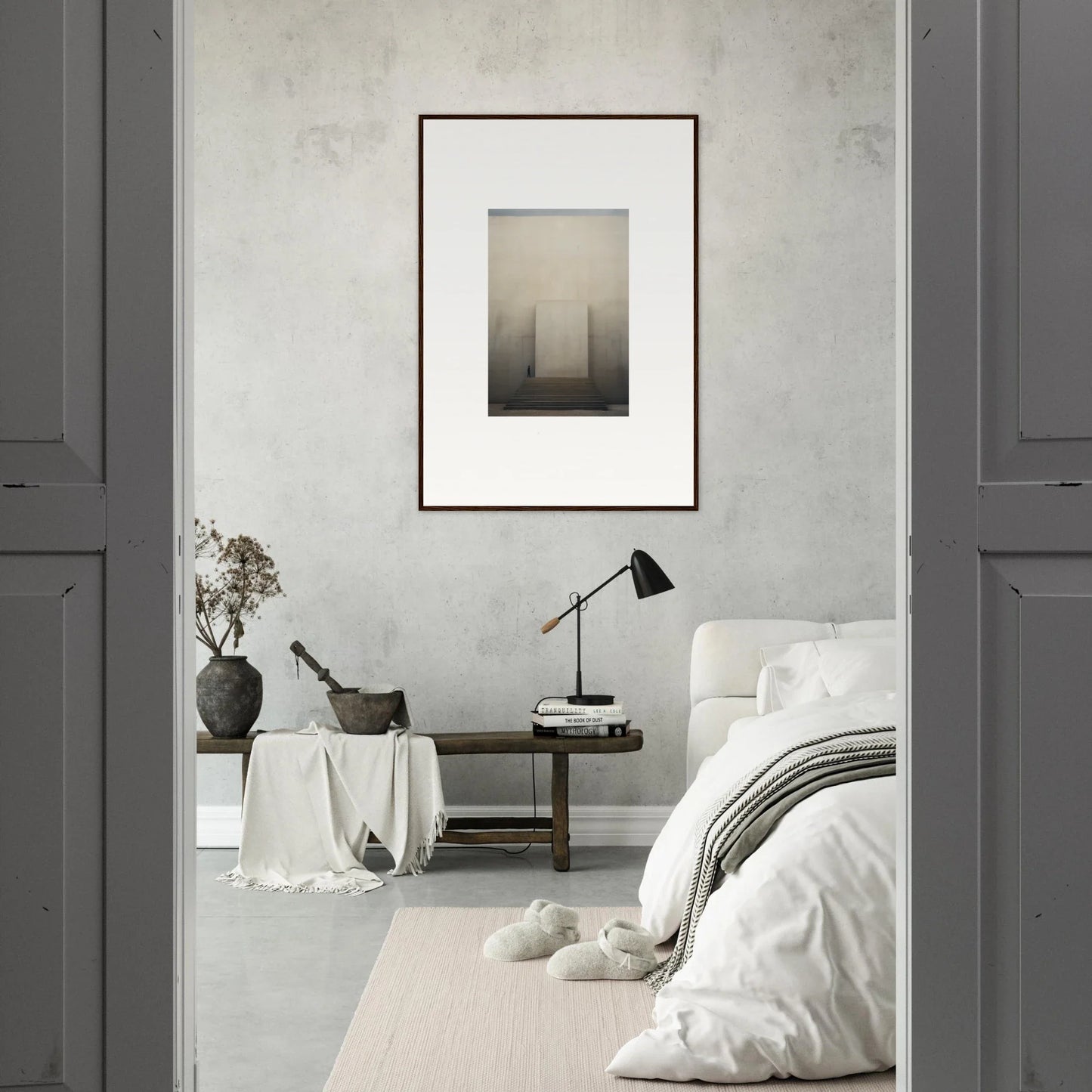 Minimalist bedroom featuring Portal Eventide Abstract in gray and white tones