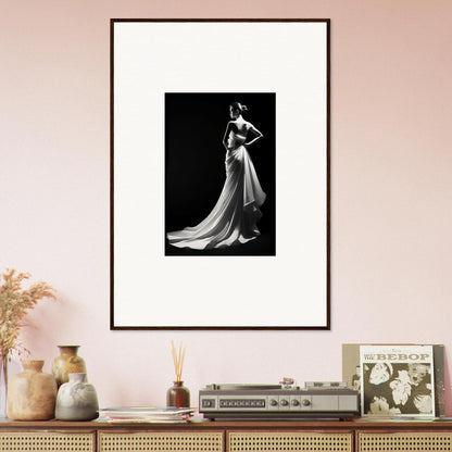 Framed black and white photo of an elegant evening gown showcasing ephemeral grayscale elegance